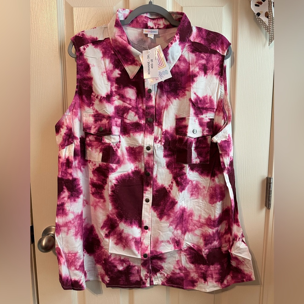 Sleeveless Tie-Dye Button Front Shirt - Pink/White